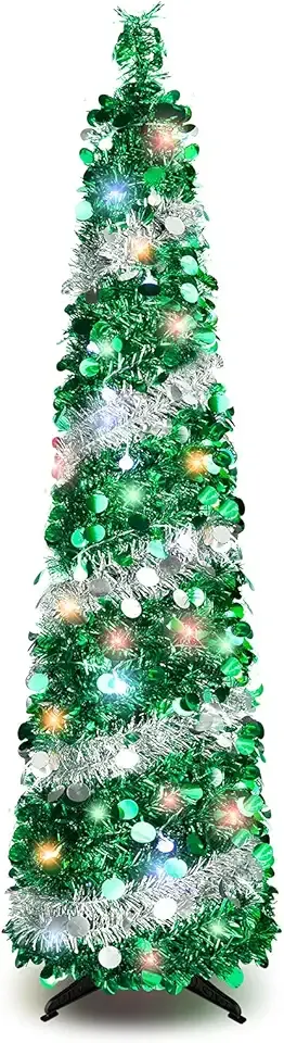 5FT Pop Up Christmas Tree with 90 LED Lights, Collapsible Artificial Pencil Christmas Tree, Tinsel Skinny Christmas Trees for Home Apartment Porch Indoor Outdoor Holiday Decorations