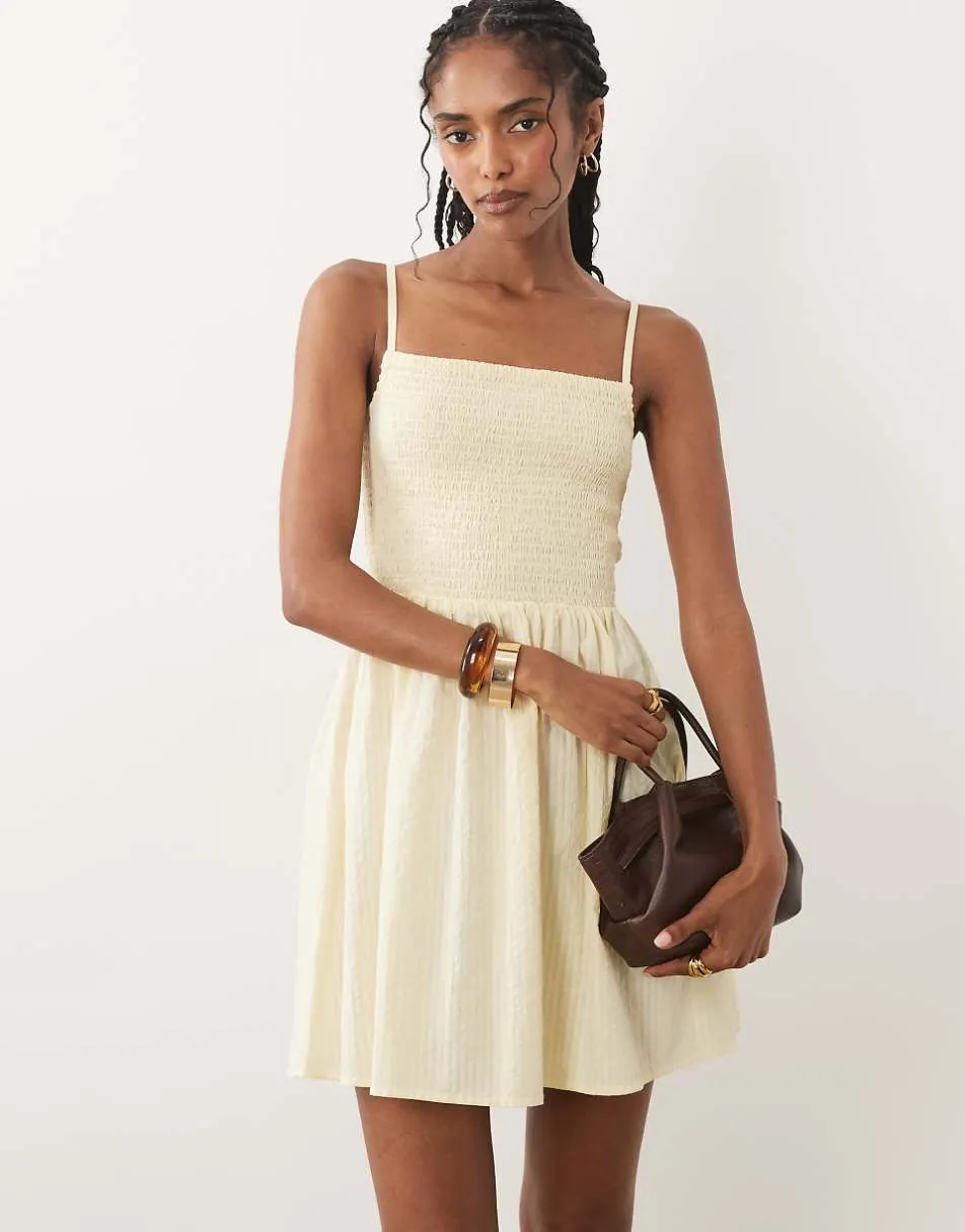 Brave Soul shirred mini sundress in buttermilk yellow