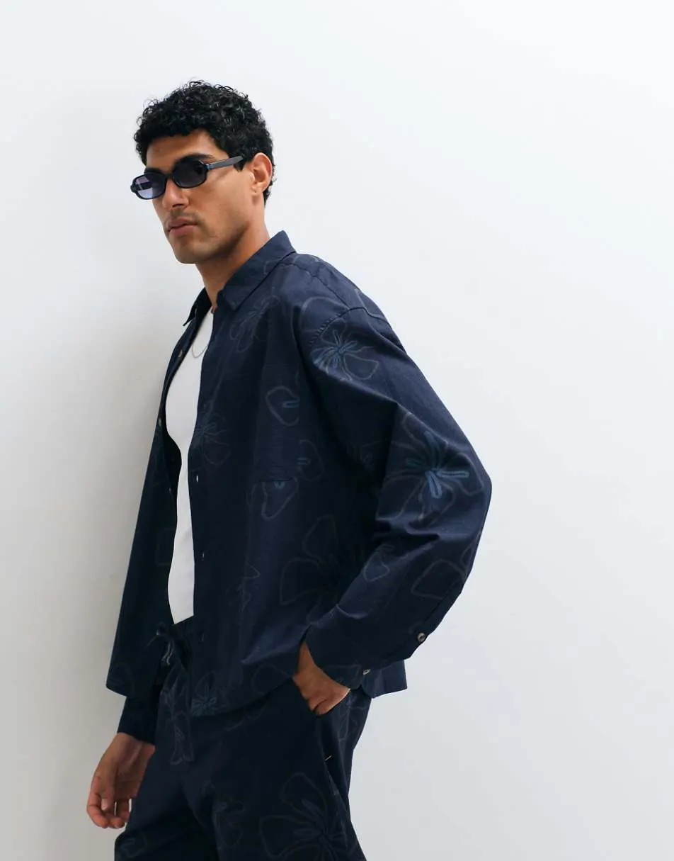 ASOS DESIGN co-ord boxy oversized floral shirt with linen in navy