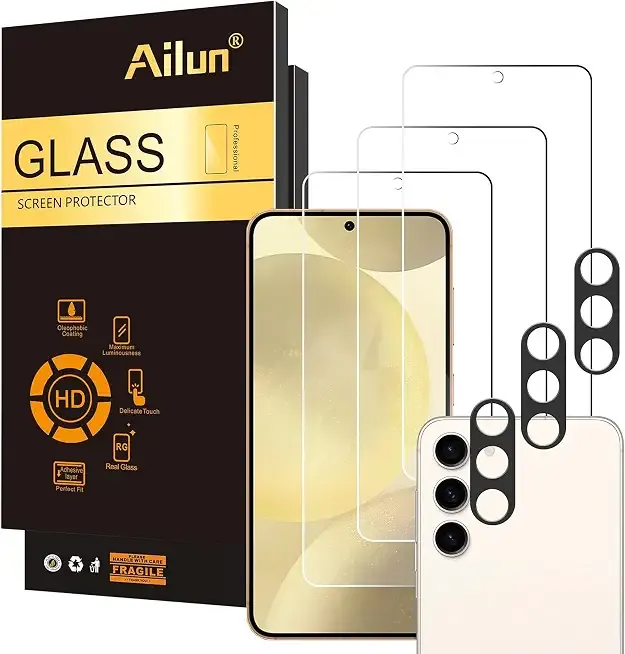 Ailun Screen Protector + Camera Lens Protector for Galaxy S24, 3+3 Pack | Tempered Glass, Fingerprint Unlock Compatible, 0.25mm, Anti-Scratch, Case Friendly, Clear, HD