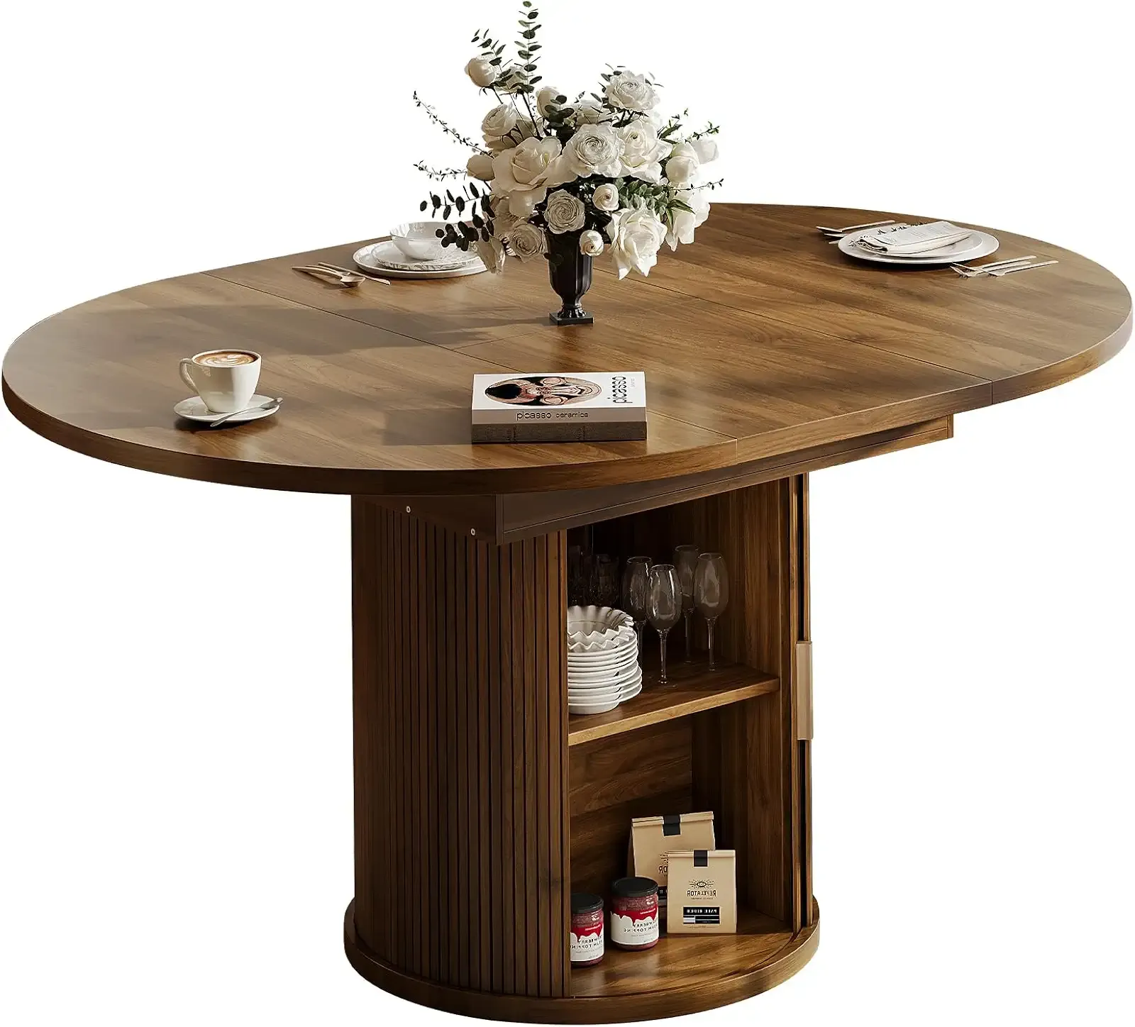 43.3" to 59" Extendable Dining Table for 4-6, Kitchen Round Table, Storage Dining Table with Double Shelves and Sliding Doors, Suitable for Family Dining Room,Walnut