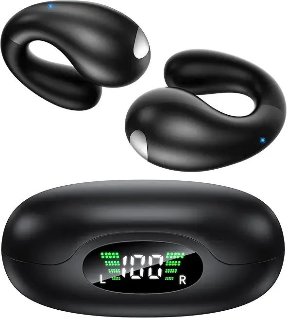 Open Ear Earbuds, Bluetooth Clip on Earbuds Wireless Open Ear Headphone, Comfort Ear Buds, AI Adaptive Deep Bass Audio，Waterproof Earphones for Running Sports Workout ﻿