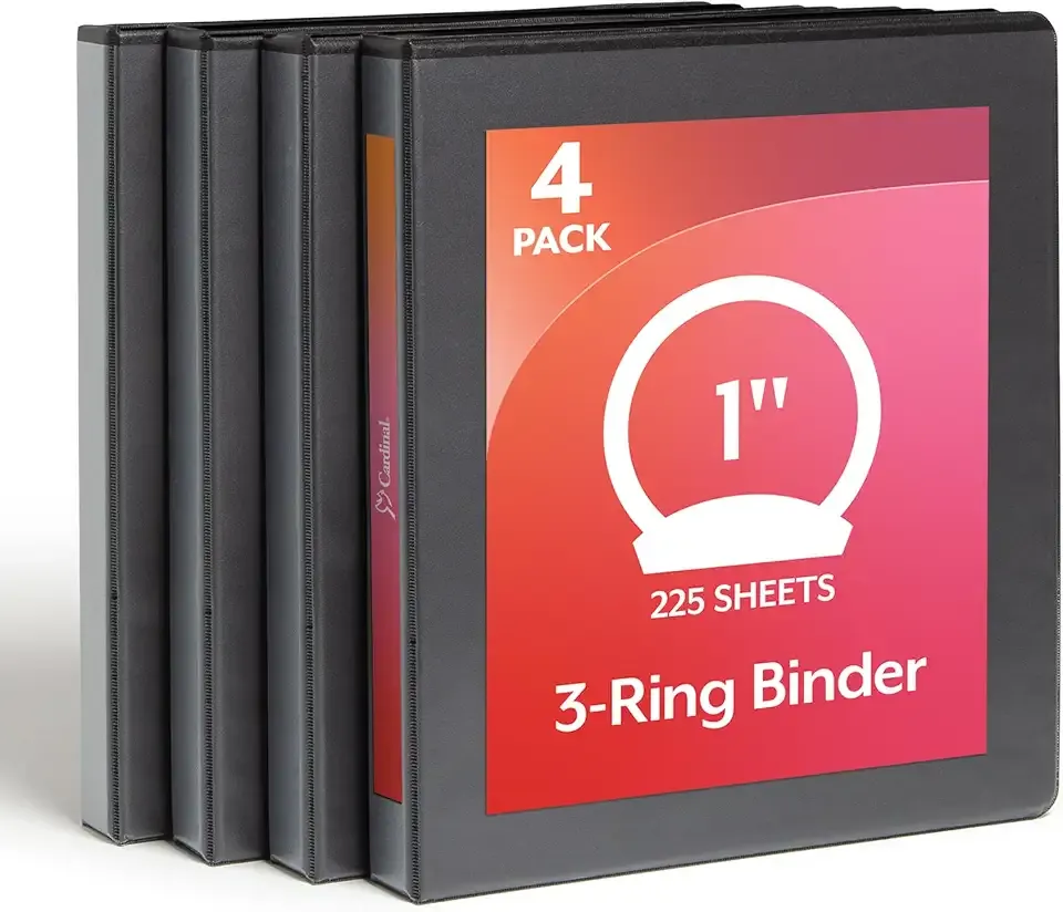 Cardinal Economy 3 Ring Binder, 1 Inch, Presentation View, Black, Holds 225 Sheets, Nonstick, PVC Free, 4 Pack of Binders (79512)