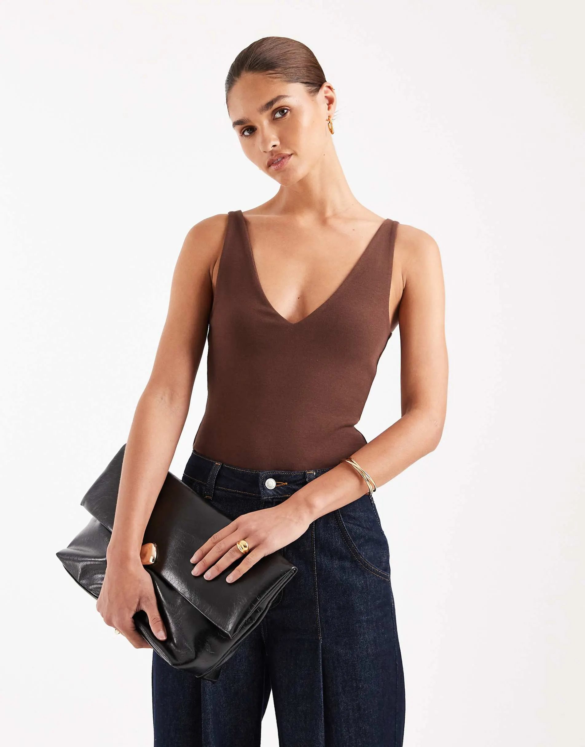 ASOS DESIGN compact cotton v neck bodysuit in chocolate
