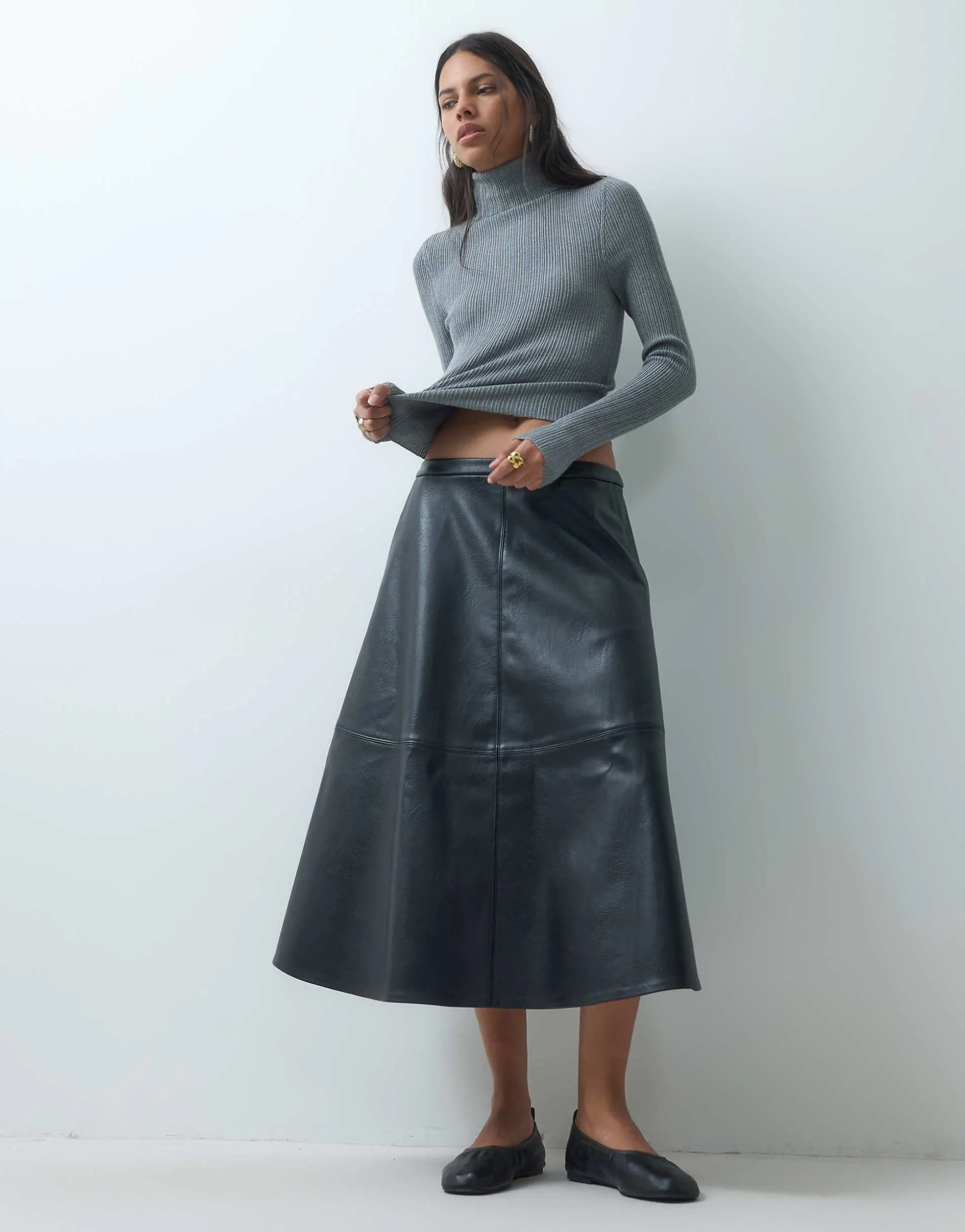 JDY faux leather a-line midi skirt in black