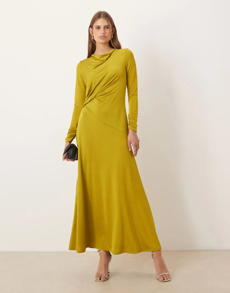 ASOS DESIGN long sleeve ruched knot detail maxi dress in green