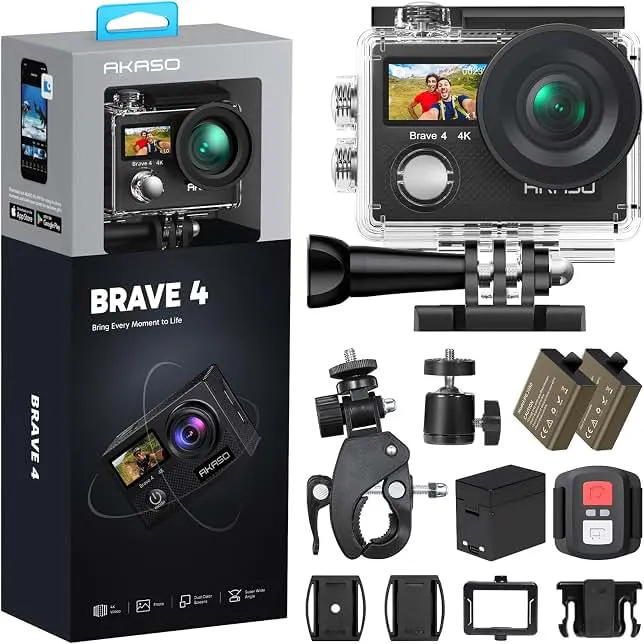 AKASO Brave 4 Action Camera 4K30 Ultra Hd Waterproof Underwater Camera | 20MP EIS WiFi Remote Control 170° FOV 5X Zoom Sport Camera for Snorkel Travel with Bicycle Helmet Motorcycle Accessories Kit
