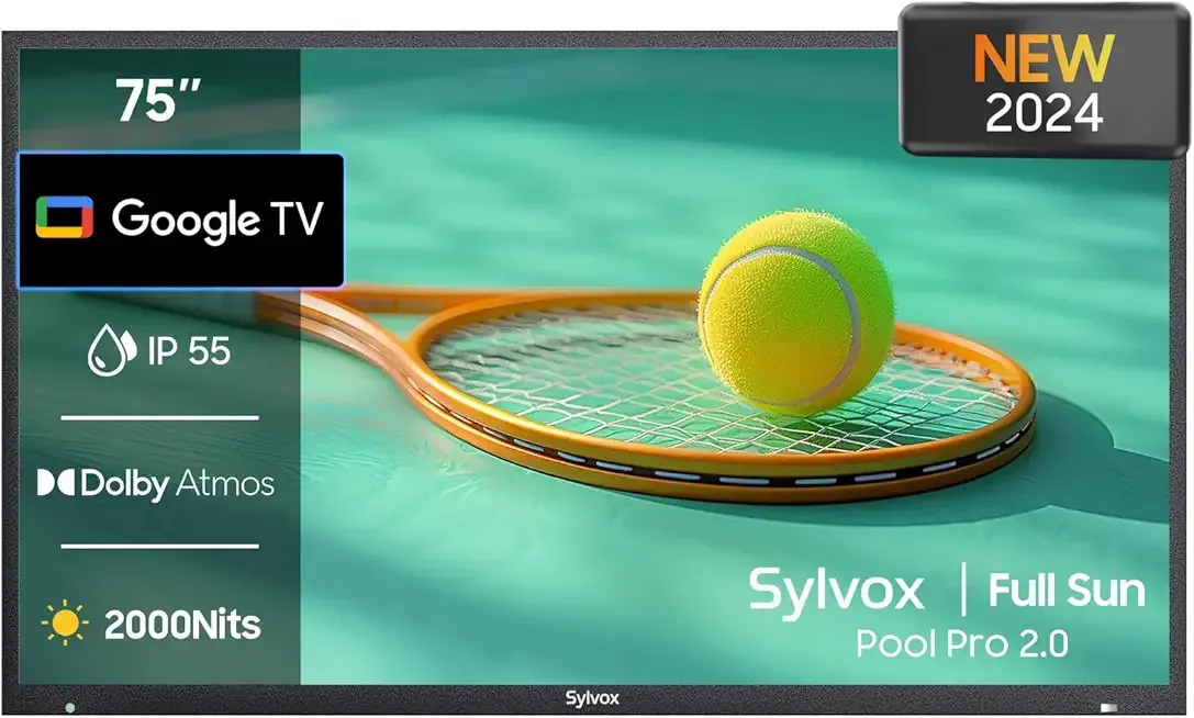 SYLVOX Outdoor TV, 75-Inch Waterproof Smart TV, 2000 nits Full Sun TV, 4K, Dolby Atmos, HDR10, Weatherproof Television with Voice Assistant Remote (Pool Pro 2.0, Latest Model)