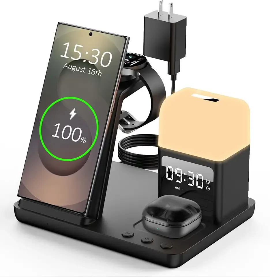 Wireless Charger for Samsung/Android Charging Station, 6 in 1 Fast Watch Charger with Alarm Clock-Night Light, Compatible for Galaxy S25 Ultra/S24, Only for Samsung Watch8/7, Galaxy Buds3 Pro(Black)