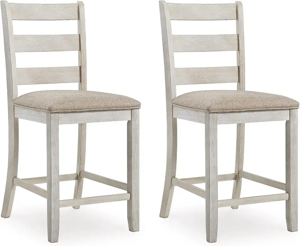 Signature Design by Ashley Counter Height Barstools, Set of 2, Farmhouse | 25-inch upholstered seat, Distressed solid and engineered wood frame, Modern farmhouse style, Skempton Series