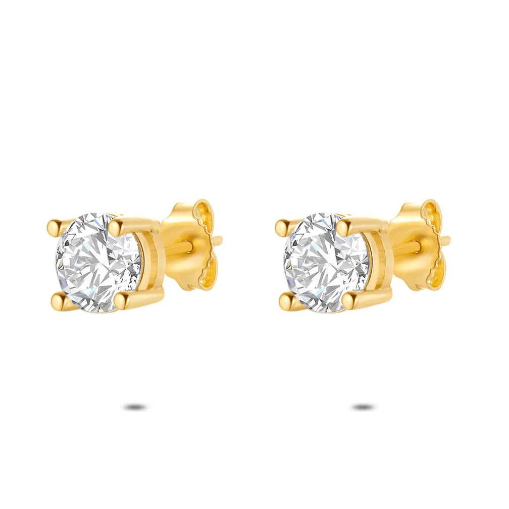 Oorbellen in 18kt verguld zilver, 1 zirkonia, 7 mm