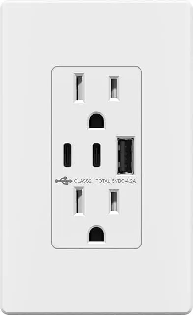 TOPGREENER 4.2A Dual Type C&A USB Wall Outlet, Charging Power Receptacle | 21W, White, Screwless Wall Plate, UL Listed, Residential Grade, Tamper-Resistant Child-Safe, 3-year Support