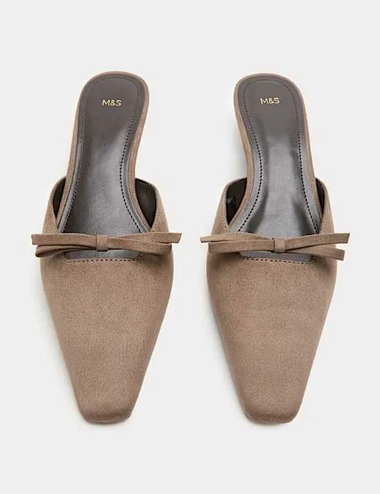 Bow Detail Kitten Heel Chisel Toe Mules