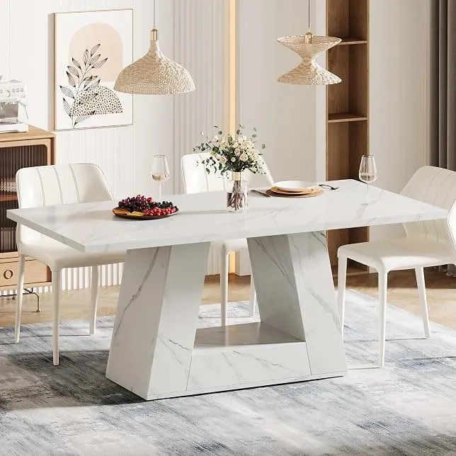Tribesigns Dining Table for 4 to 6 People, 63" Rectangular Dining Room Table, Modern Wooden Faux Marble Dinner Table with Sturdy Base for Ki…