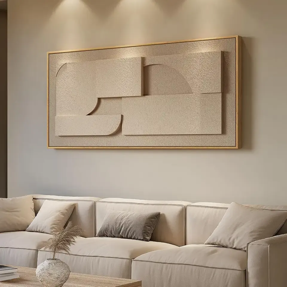 Large Framed 3D Neutral Abstract Wall Art for Living Room, Horizontal 60x30