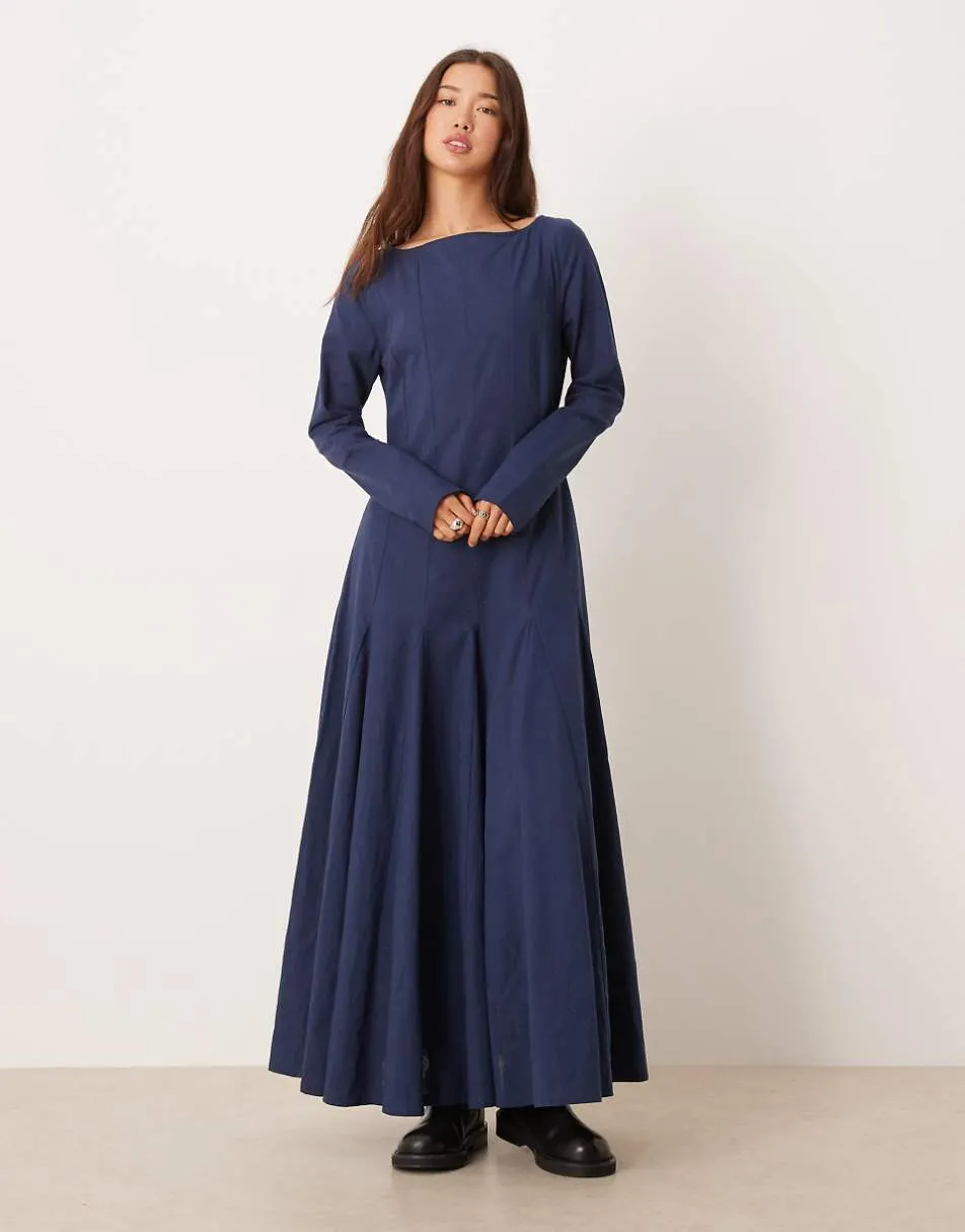 ASOS DESIGN slash neck maxi dress with full skirt in navy