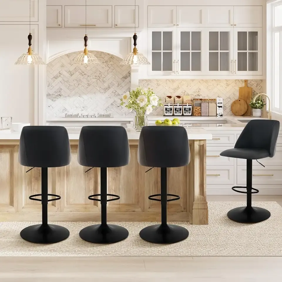COLAMY Bar Stools Set of 4, Modern Swivel Bar Chairs, Adjustable PU Leather Upholstered Barstools Counter Height with Full Backrest for Bar, Dining Room, Kitchen Island, Black