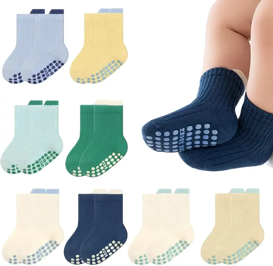 8 Pairs Baby Toddler Socks Non-Slip Grip Socks for Boys Girls Newborn Infant Baby Cotton Crew Sock with Grips 0-5T