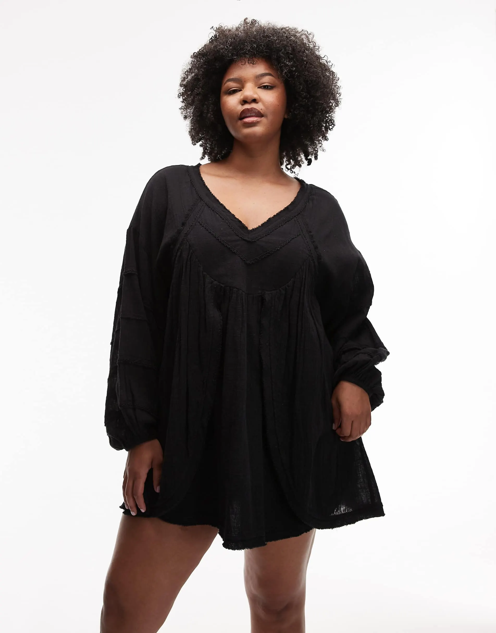 ASOS DESIGN Curve v neck laundered smock mini dress in washed black