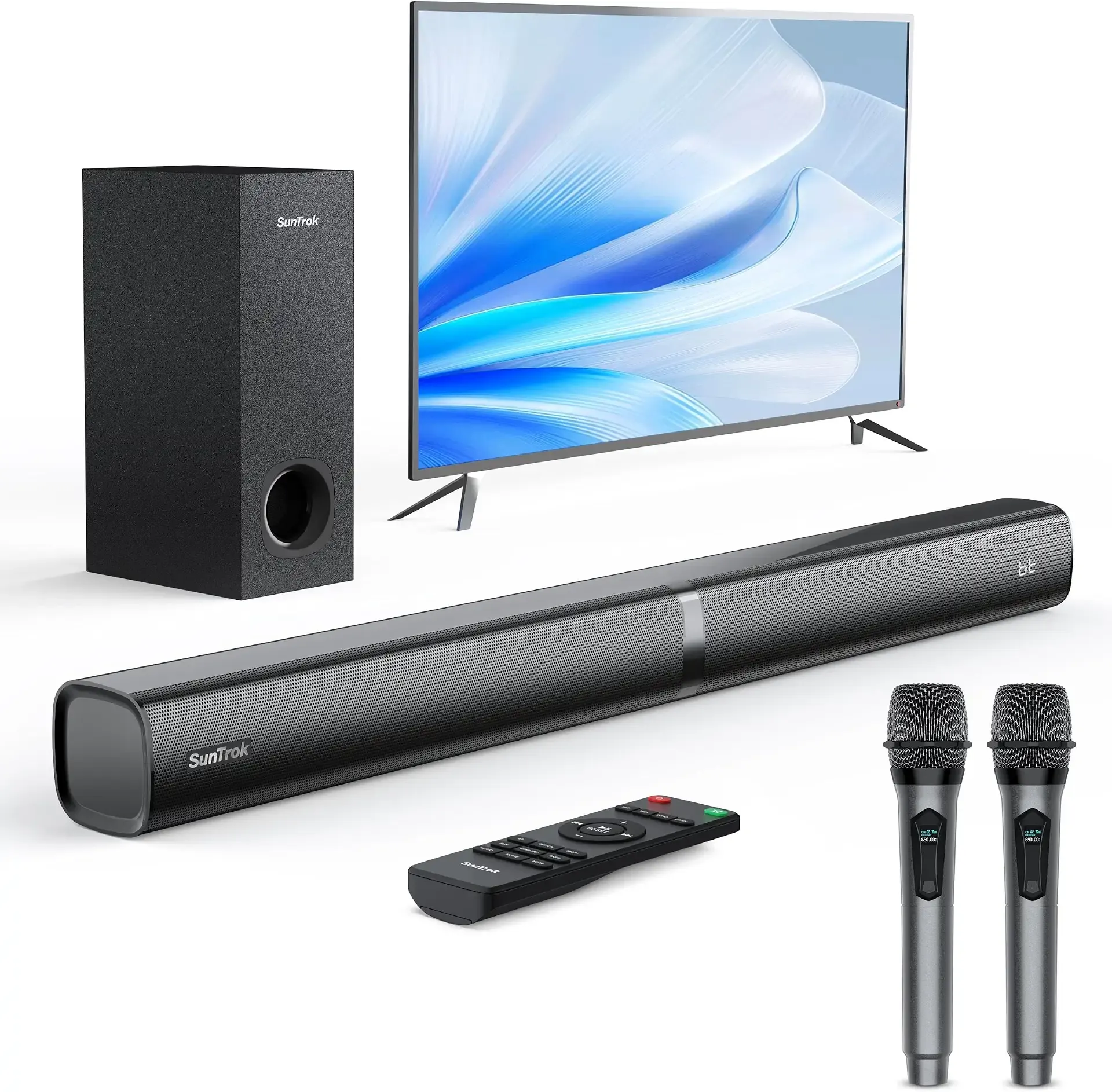 Soundbar with Subwoofer for TV, Home Theater Bluetooth 5.3 Speaker System with 2 Wireless Karaoke Mics, Surround Sound Audio with HDMI ARC, Optical, AUX, USB for Movie, Music, Family Party(Peak 260W)