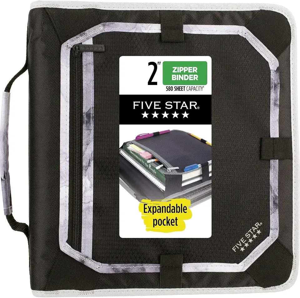 Five Star Zipper Binder, 2 Inch 3-Ring Binder with Round Rings, Expansion Panel and 5-Tab Expanding File, 580 Sheet Capacity, Black (29052IT8)