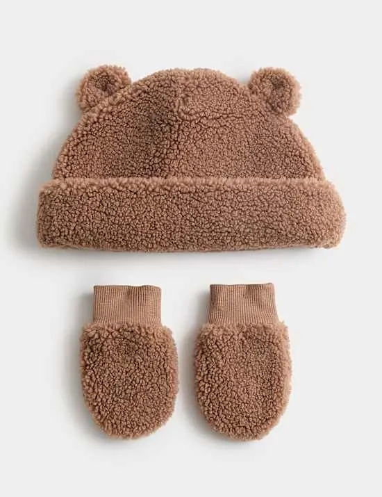 Bären-Mütze und -Fäustlinge aus Borg im Set für Babys (0–36 M.)