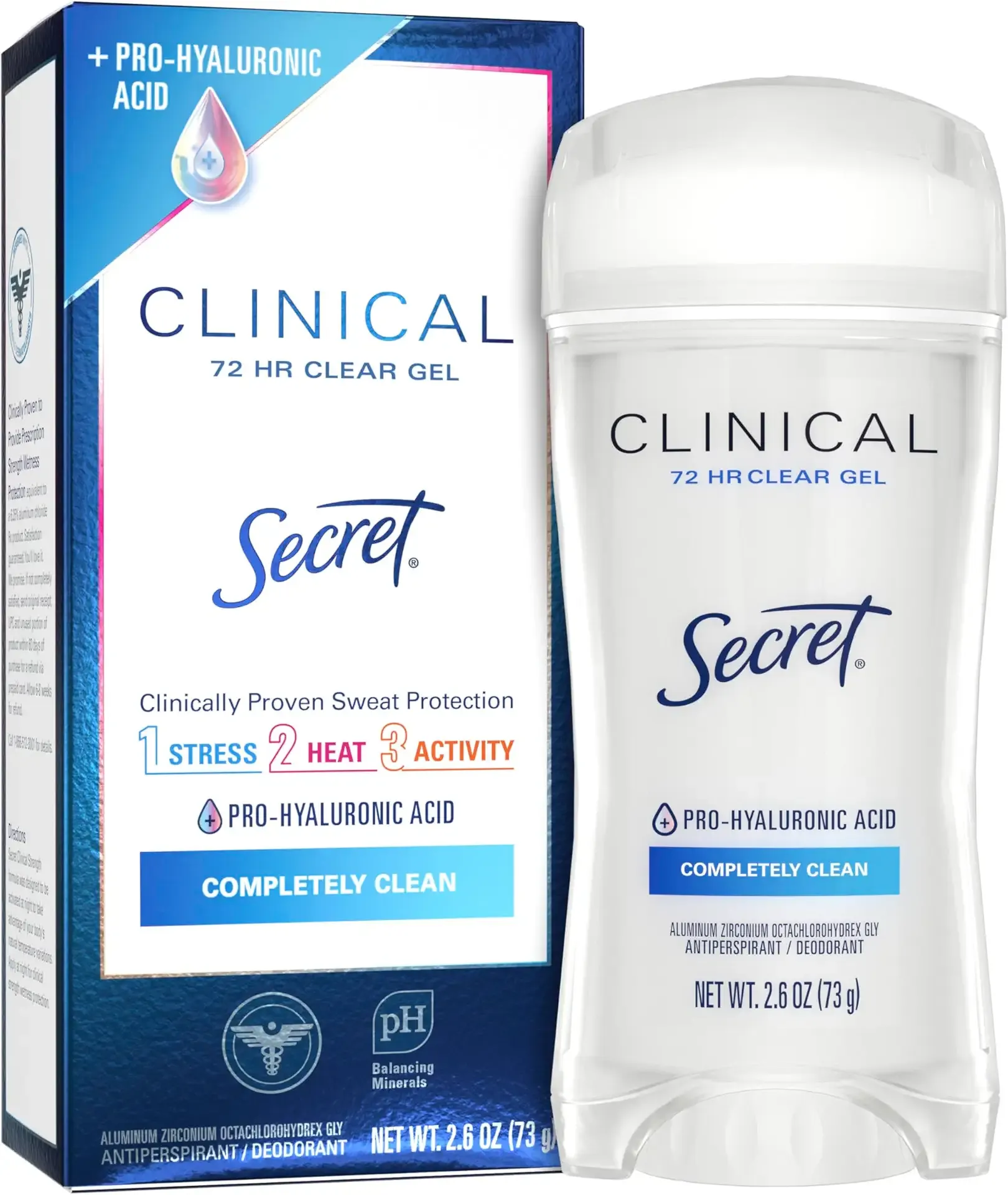 Secret Clinical Strength Antiperspirant Deodorant for Women, 3X Stress Protection, 72hr Sweat & Odor Protection, PH Balancing Minerals, Clear Gel, Completely Clean Scent, 2.6 oz
