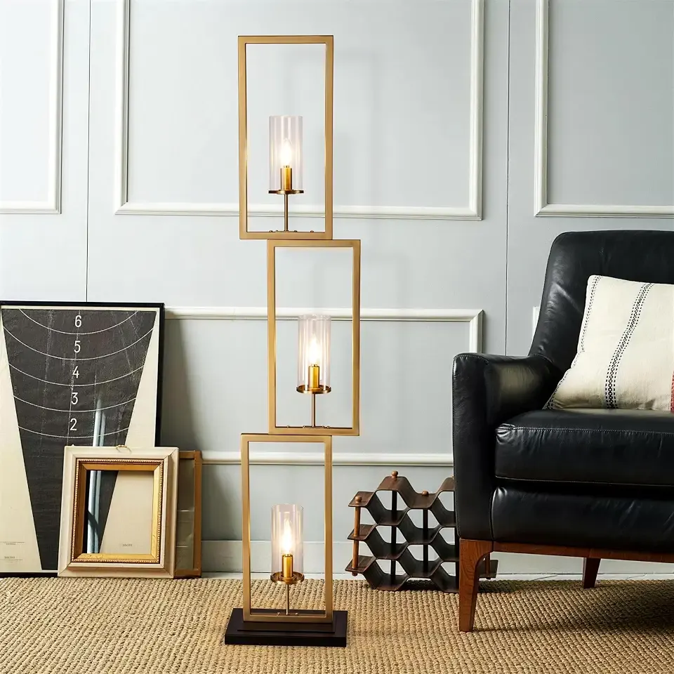 Wellmet Gold Floor Lamp for Living Room, Modern Brass Floor Lamps for Bedroom, Tall Unique Geometric Metal Floor Lamp for Corner Decorative