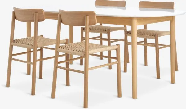 MARSTRAND + ISLEV MARSTRAND L200/280 tafel wit + 4 ISLEV z/armleuning eiken