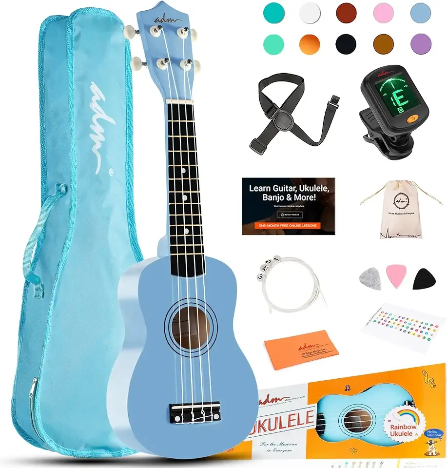 ADM Ukulele for Beginners Hawaiian Wood Ukelele Kit for Kids Adult Student Starter Professional Ukalelee Pack Bundle with Free Lessons Gig Bag Strap Nylon String Tuner (Blue, 21 Inch)