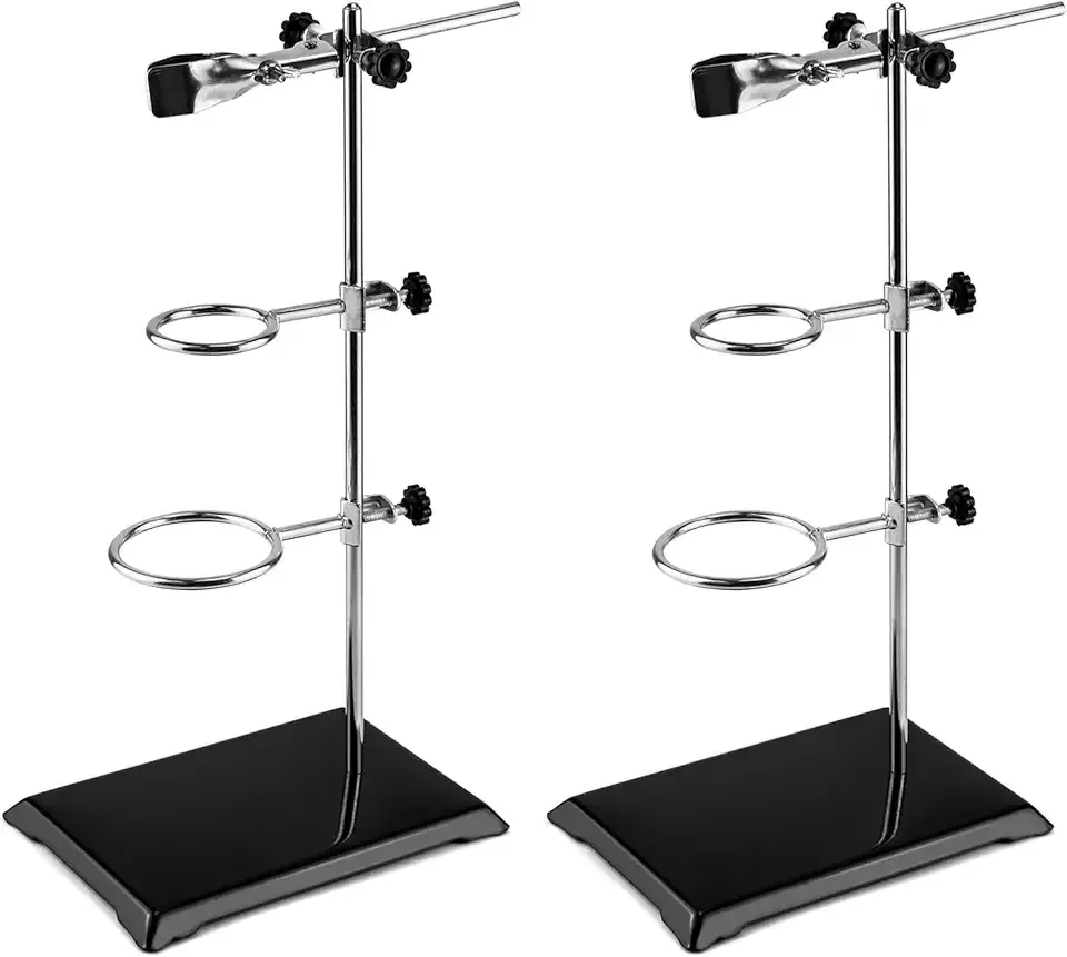 QWORK Chemistry Laboratory Stands Support Set, 2 Set Steel Lab Stand with Cast Iron Base, Rod 16" L with Burette Clamp and Flask Ring Clamps, 2 Retort Rings (Dia. 2"/2.8")