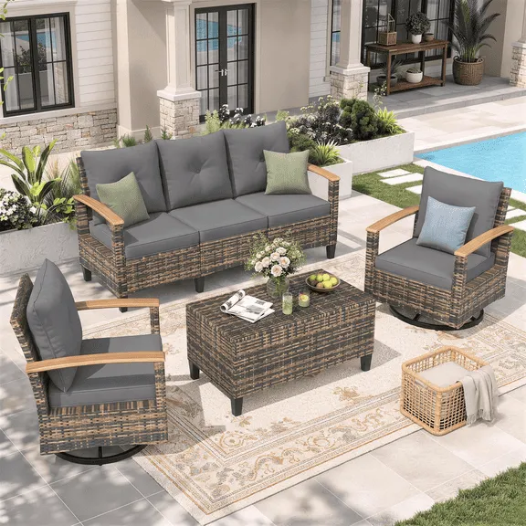 MRUAKA Outdoor Patio Furniture Sets, 5 Pieces Outdoor Conversation Set with Swivel Chairs, Wicker Rattan Outdoor Sectional Sofa Set with Storage Table, for Garden,Poolside,Backyard, Gray