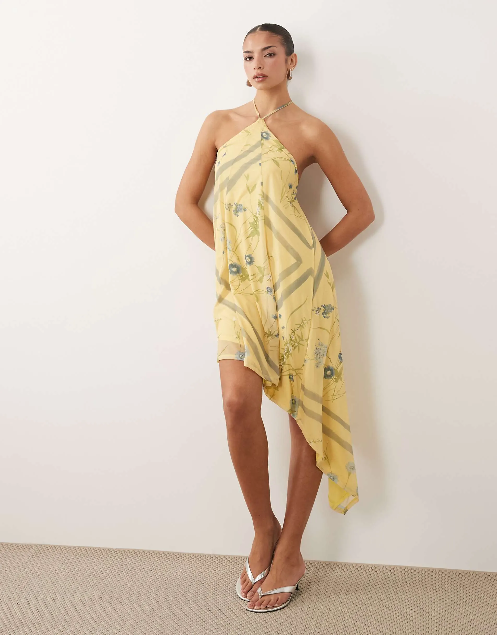ASOS DESIGN stretch chiffon asymmetric floral mini dress with godets in lemon