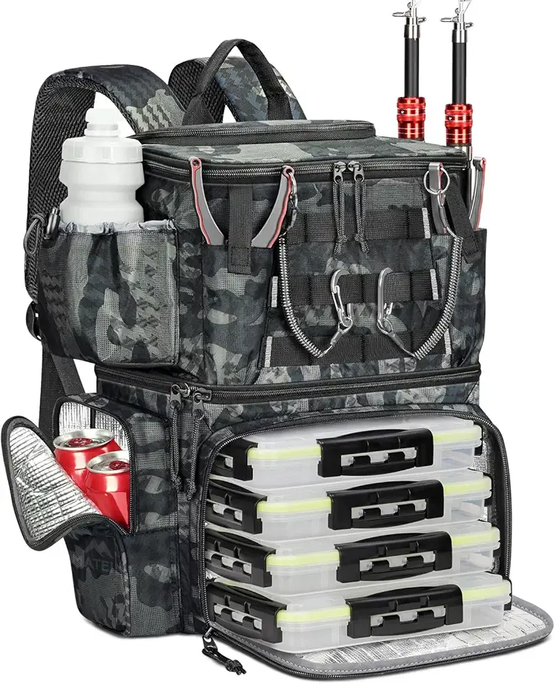 MATEIN Fishing Backpack with 4 Tackle Boxes, Fishing Bag with Rod Holder & Safety Compass & Cooler, Gifts for Fishermen