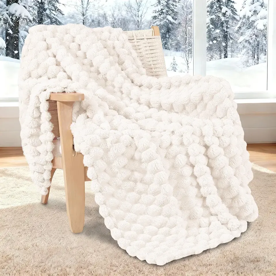 Whale Flotilla Throw Blanket for Couch with Jacquard Pattern, Fuzzy Soft Cozy Exquisite Blankets for All Season, Warm and Fluffy, 50x60 Inch, Ivory