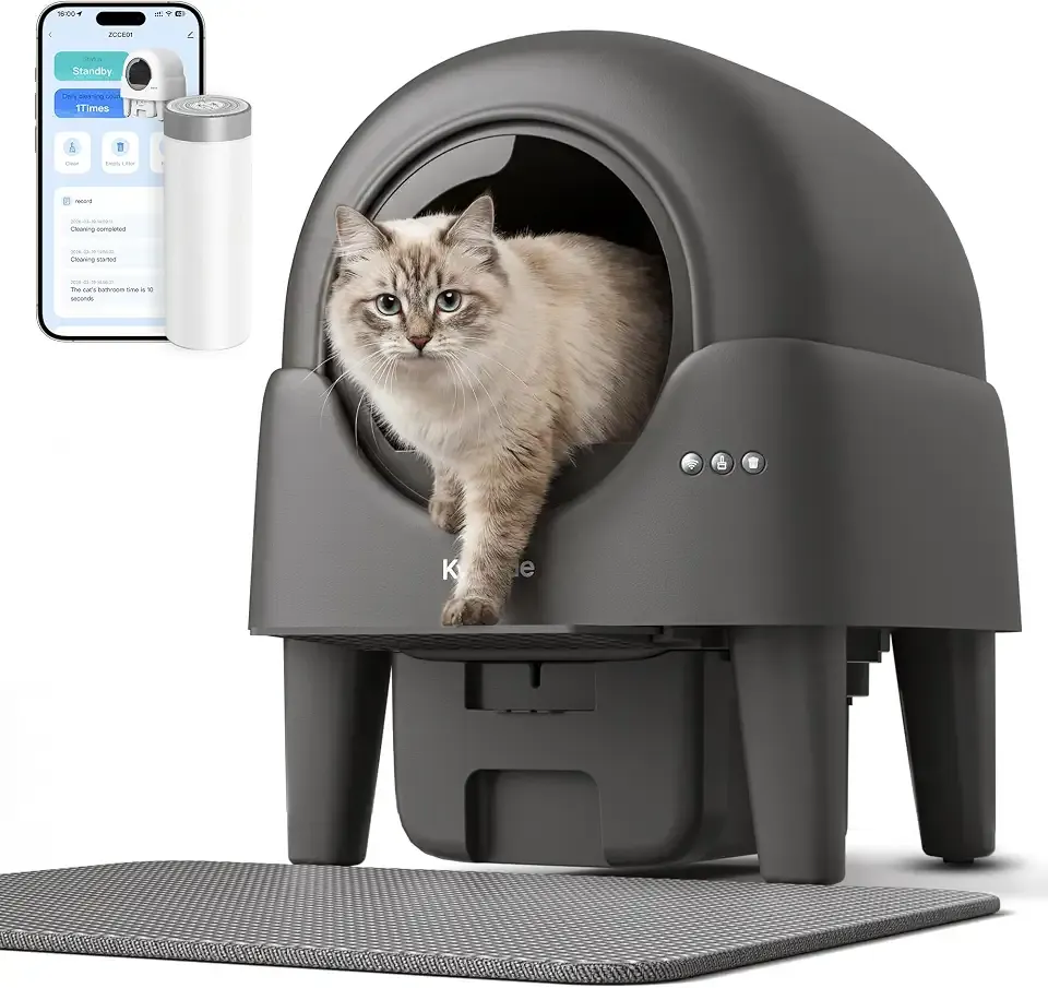 Self Cleaning Cat Litter Box, 90L Large Capacity with APP Control & Smart Safety Sensors, Cats 2.2–15 lbs, Quiet Operation, Easy Clean Detachable Globe, Charcoal Gray