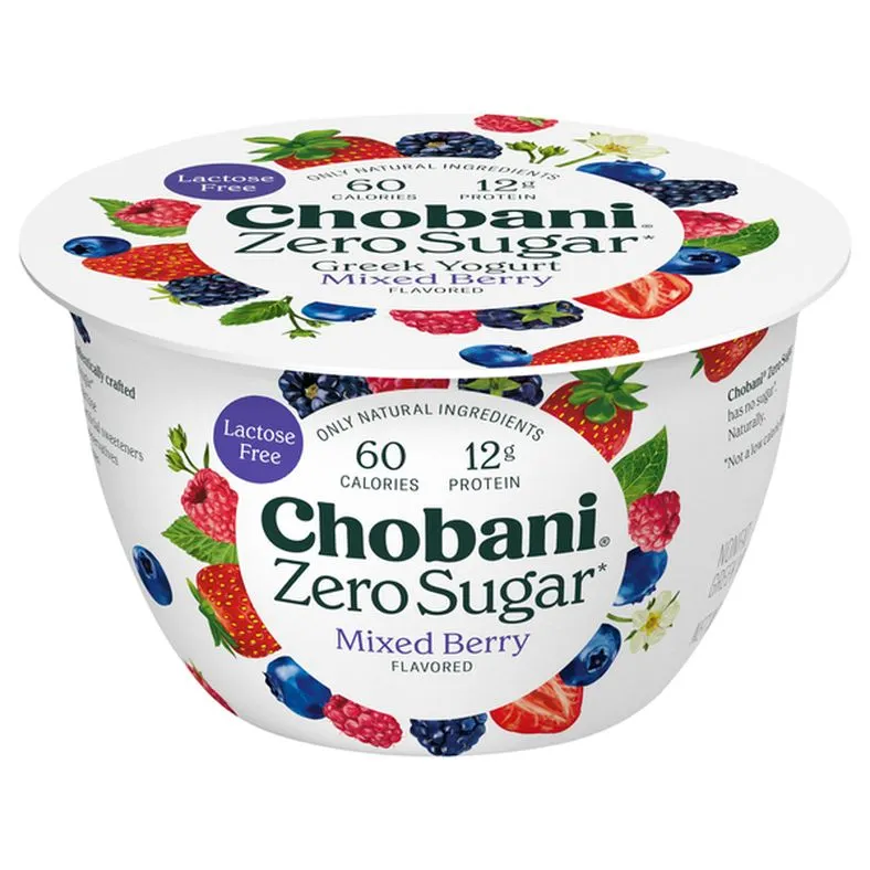 Chobani Yogurt, Greek, Nonfat, Zero Sugar, Mixed Berry Flavored