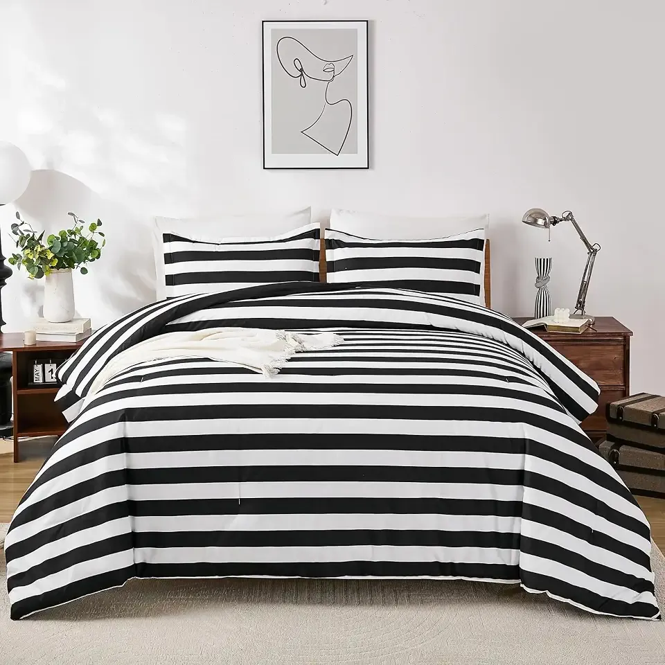 Black White Stripes Comforter Set King (104"x90") | 3 Pcs Fluffy Striped Down Alternative Comforter, Lightweight Microfiber Geometric Bedding with 2 Pillowcases for All Seasons
