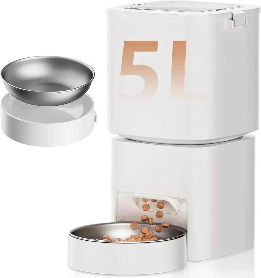 5L/21 Cups Automatic Cat Feeder, Timed Automatic Pet Feeders, Cat Dry Food Dispenser Dual Power, 10 Meals Programmable 1-15 Portion Control Cats Feeder, Pet Food Dispenser for Cats & Puppy(Not WiFi)