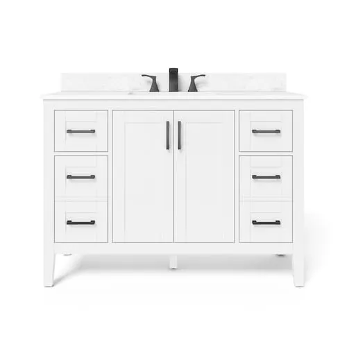 Home Decorators Collection Ellia 48-inch W x 20-inch D 2-Door & 6-Drawer Whitey Wood Bathroom Vanity Single Undermount Sink with White Engineered Carrera Stone Top