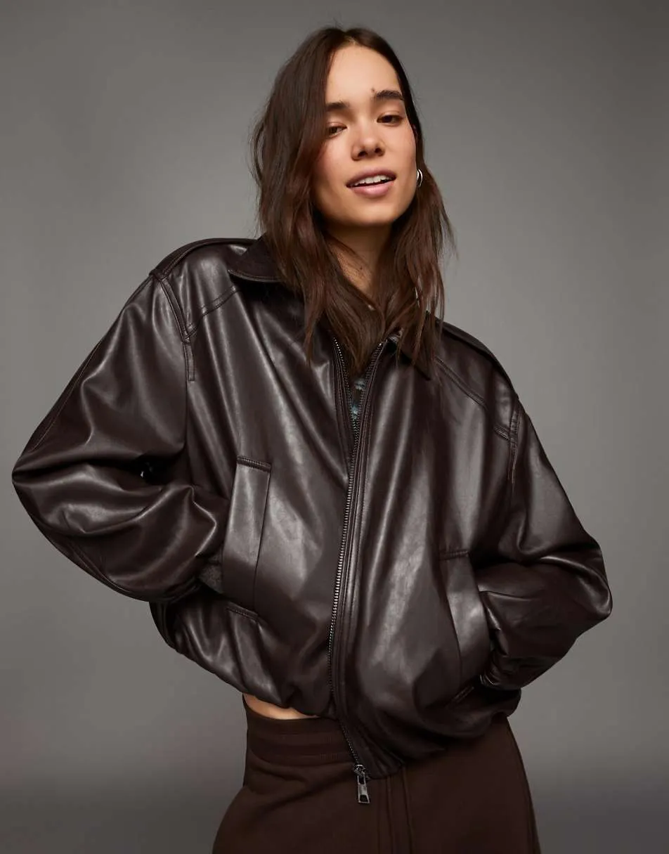 Bershka Leather effect balloon jacket in brown