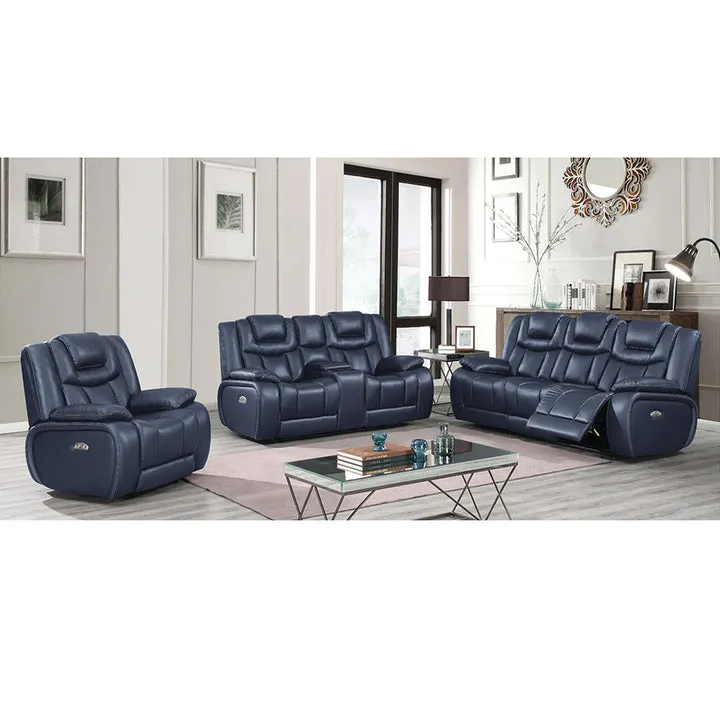 Apex Navy Leather Power Reclining Living Room Set with Power Headrests