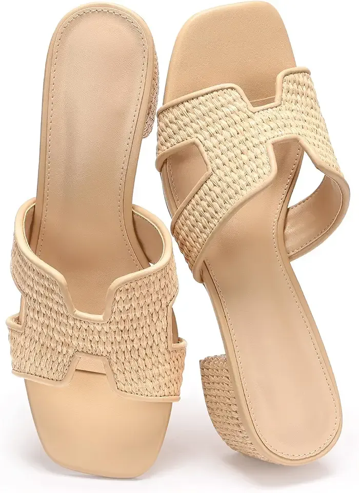 Heeled Sandals for Women Low Block Chunky Heels Cutout Strap Square Open Toe Mule Sandals Casual Summer Slip On Slides