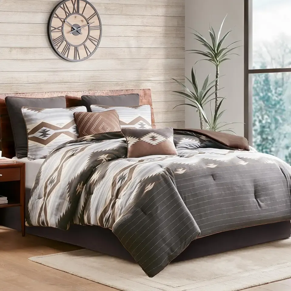 Woolrich King Comforter Set, Southwestern Aztec 8 Piece Bedding Set, Oversized All Season Down Alternative Comforter with Shams, Euro Shams, Decorative Pillows & Bedskirt, Rustic Cabin, Grey Brown