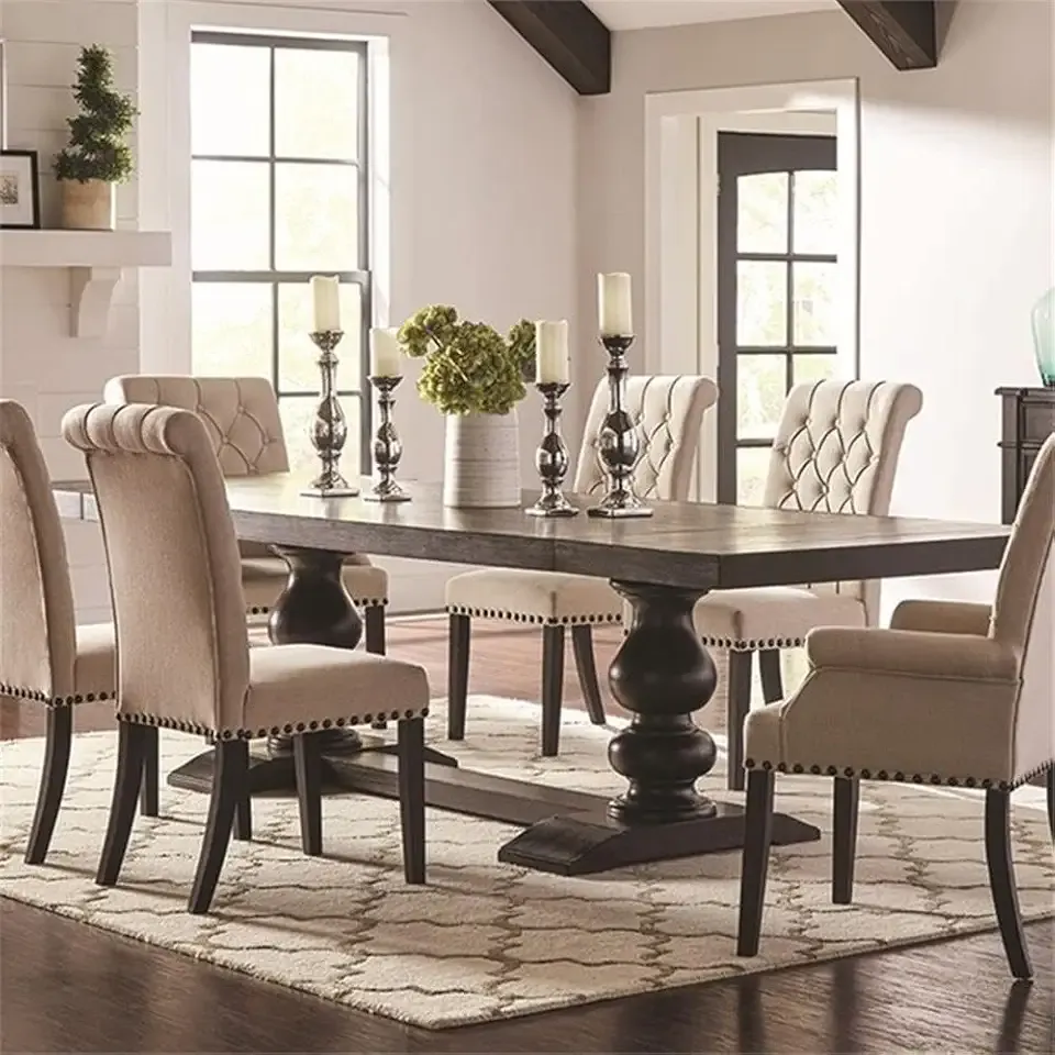 BOWERY HILL Extendable Dining Table, 30" H x 94.75"-122.75" L x 42" W, Hardwood Construction, Antique Noir Finish, Trestle Base, Traditional Style, Seats 10, Ideal for Formal Dining Room
