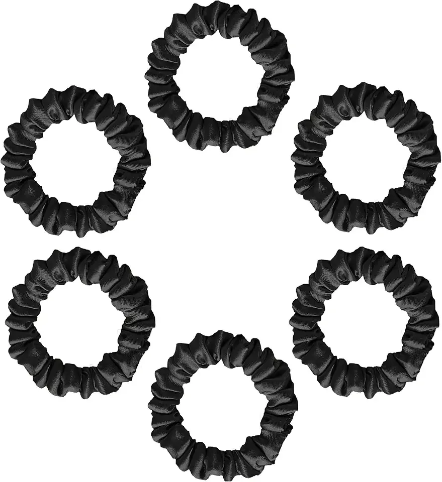 Silvr Bear Luxury Satin Skinny Scrunchies, 6 Count - Black Skinny, Hair Ties for Women, Girls and Men, Softer than Silk Scrunchies, Hair Accessories for All Hair Types