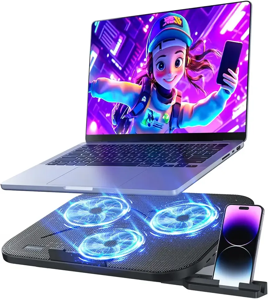 Laptop Cooling Pad with 3 Quiet Fans, 5-Level Height Adjustable Ergonomic Stand, 2 USB Ports & Phone Holder, Fits 12-17 Inch Laptops, Family-Friendly for Gaming/Work/Online Class, Ideal Gift