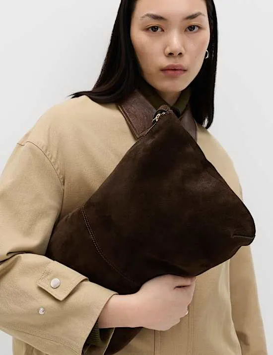 Suede Zip Slouchy Shoulder Bag
