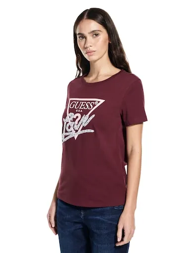 Guess Pearls Love Triangle Tee In Red Noir