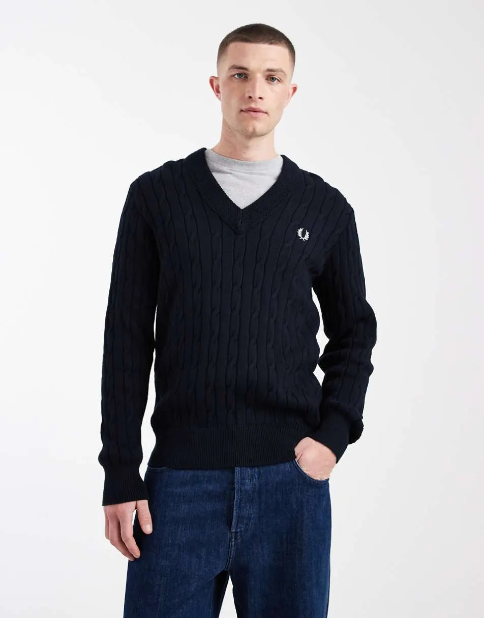 Fred Perry cable knit v neck logo jumper in navy